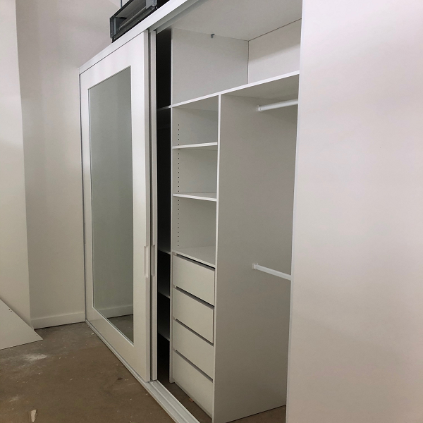 DIY Sliding Polyurethane Mirrored Wardrobe With Routed Side Handles And Internals Showing 